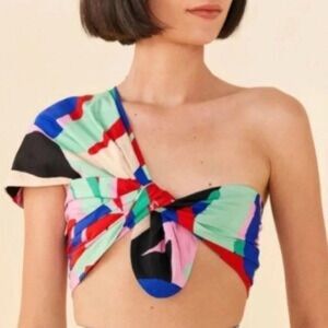 NWT Farm Rio Asymmetric One-Shoulder Knot Crop Top - Multicolor Monstera Print